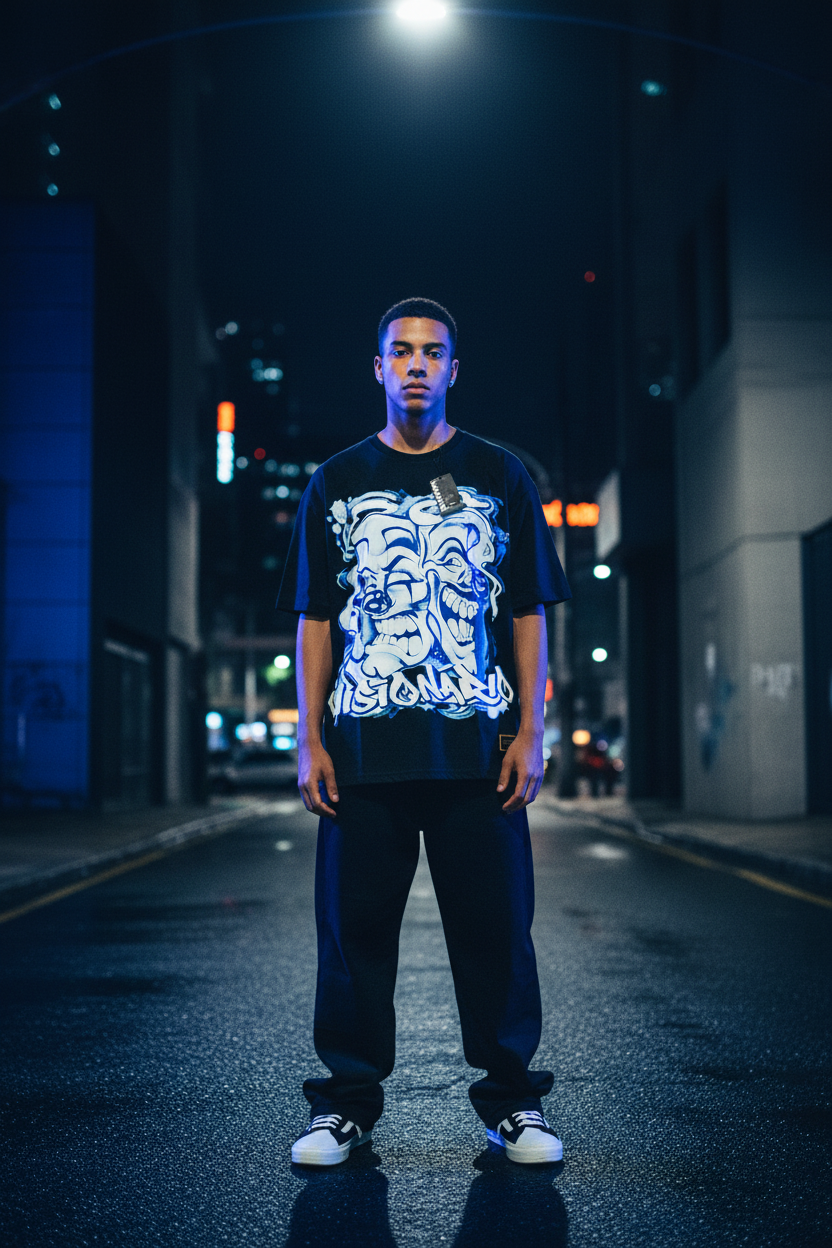 Editorial Visionato — Camiseta Preta e Azul