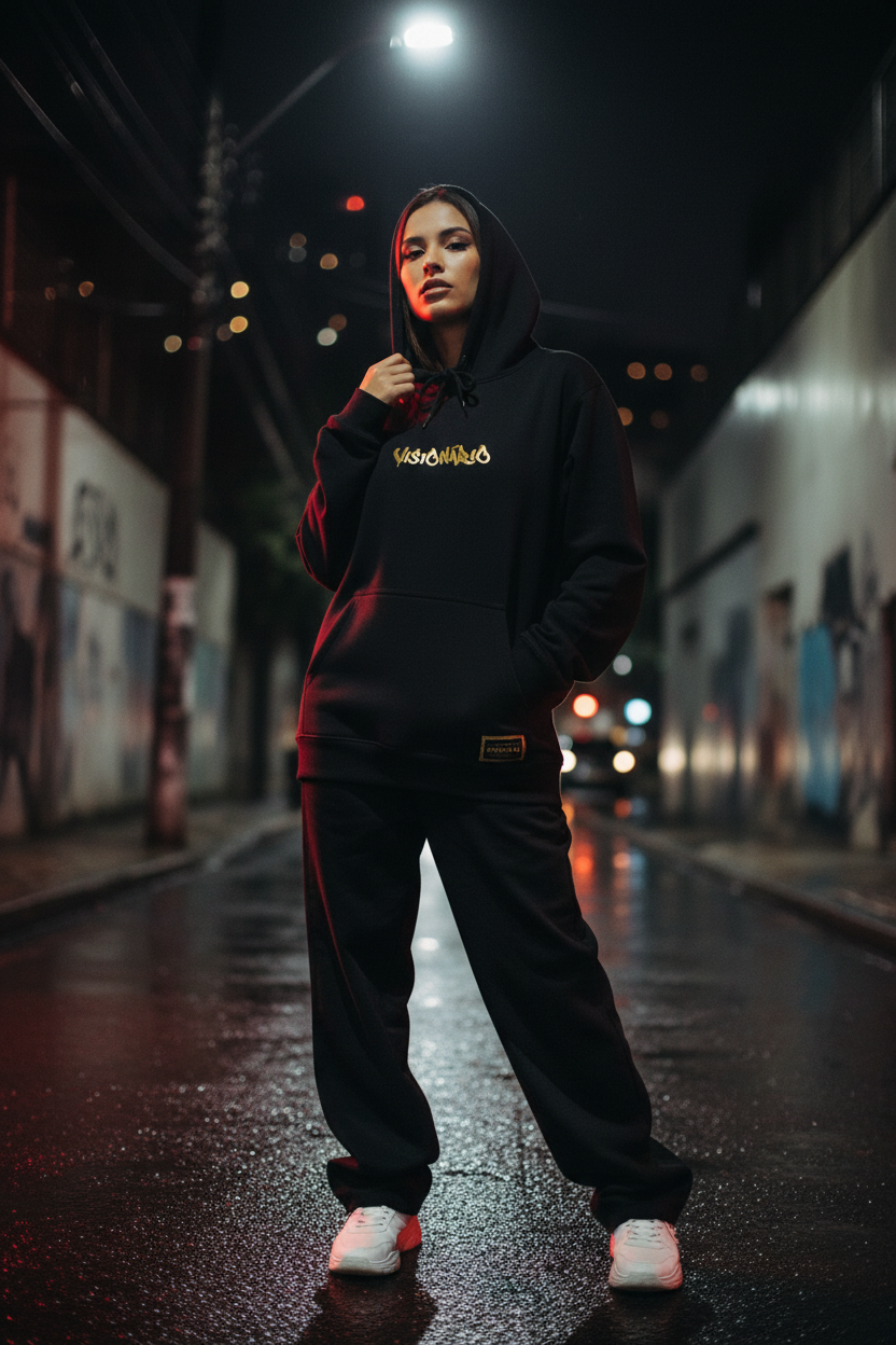 Editorial Visionato — Mulher com Moletom Gold
